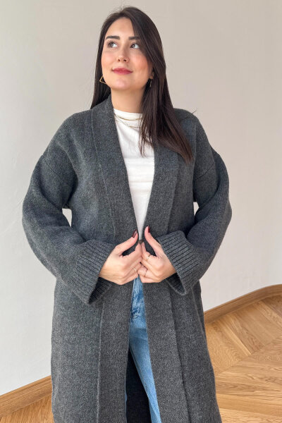 TRK-2066 Füme Oversize Çelik Örme Uzun Hırka - 2