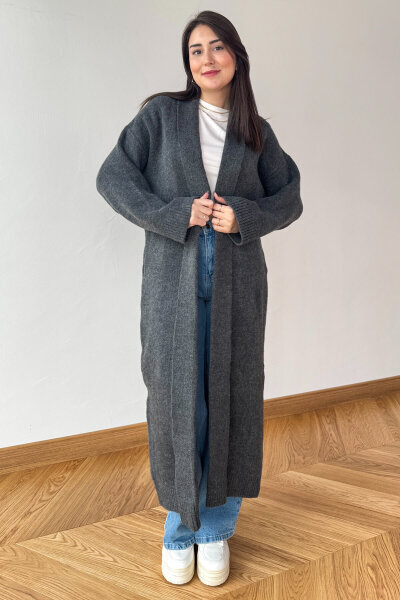 TRK-2066 Füme Oversize Çelik Örme Uzun Hırka - 3