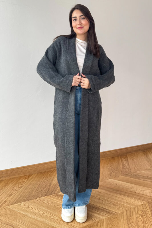 TRK-2066 Füme Oversize Çelik Örme Uzun Hırka - 3