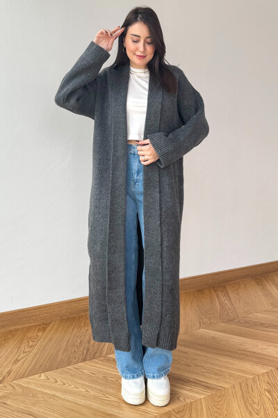 TRK-2066 Füme Oversize Çelik Örme Uzun Hırka - 1