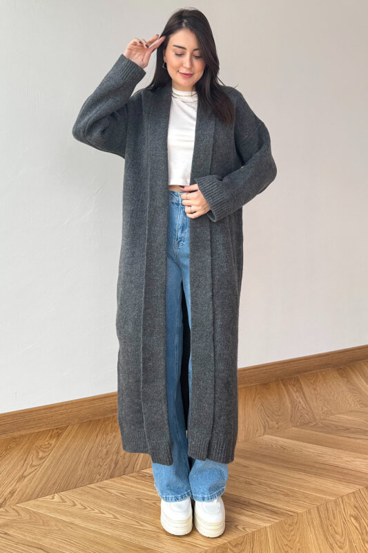 TRK-2066 Füme Oversize Çelik Örme Uzun Hırka - 1