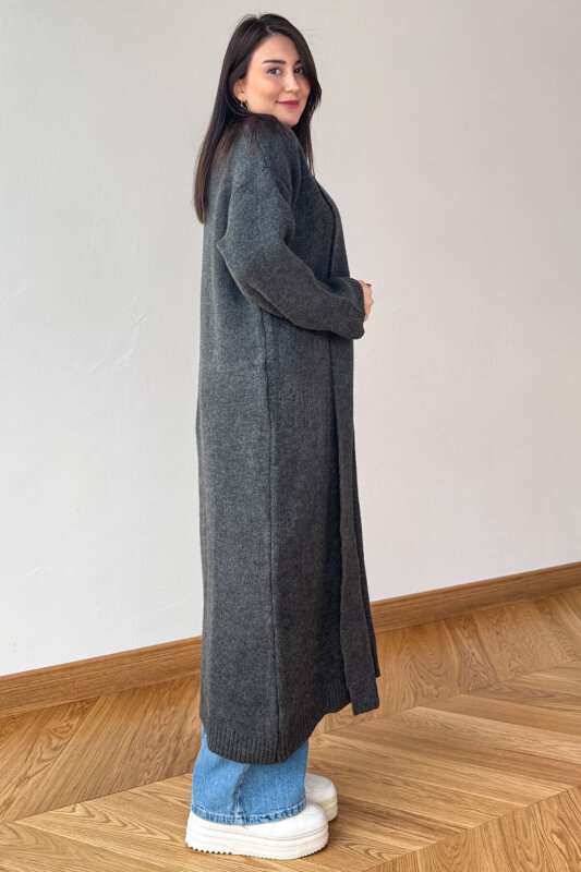 TRK-2066 Füme Oversize Çelik Örme Uzun Hırka - 4