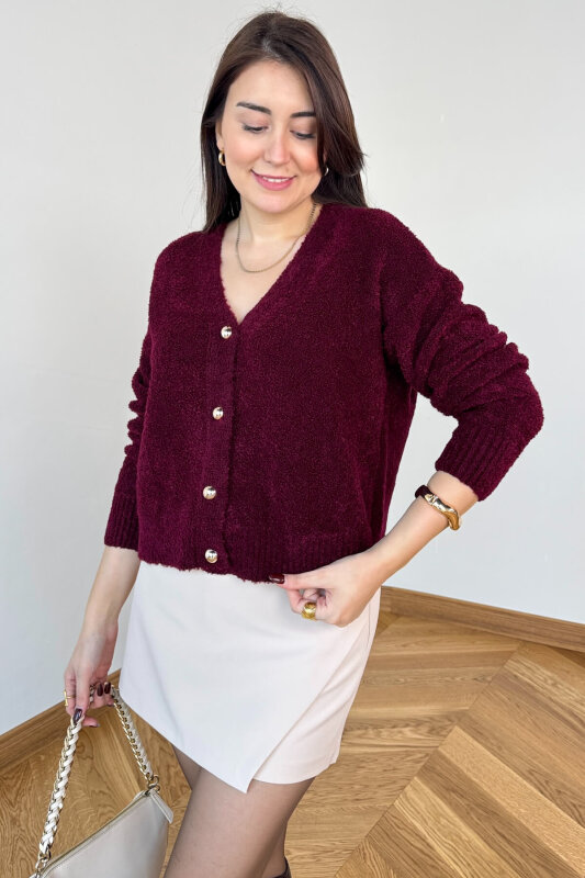 TRK-2084 Bordo Bürümcük Yumoş Buklet Hırka - 1