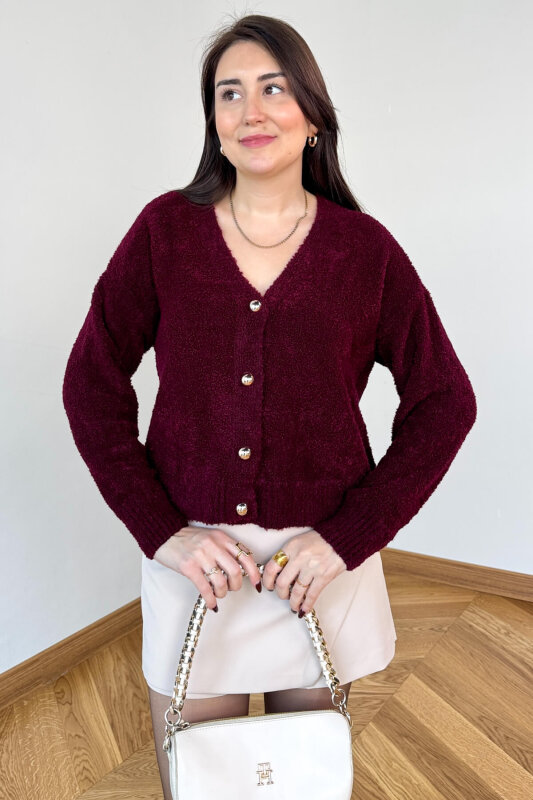 TRK-2084 Bordo Bürümcük Yumoş Buklet Hırka - 2
