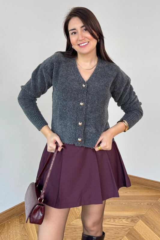 TRK-2084 Füme Bürümcük Yumoş Buklet Hırka - 2