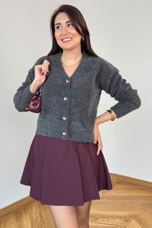 TRK-2084 Füme Bürümcük Yumoş Buklet Hırka - 1