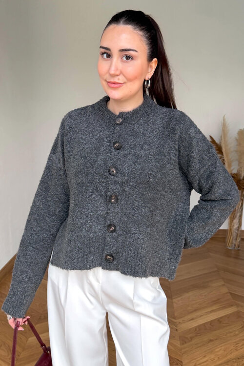 TRK-2085 Füme Buklet Örme Büyük Düğmeli Hırka (1)