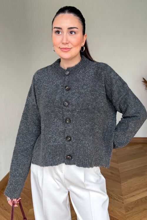 TRK-2085 Füme Buklet Örme Büyük Düğmeli Hırka - 4