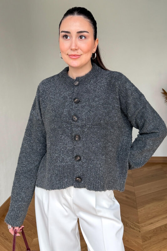 TRK-2085 Füme Buklet Örme Büyük Düğmeli Hırka - 4