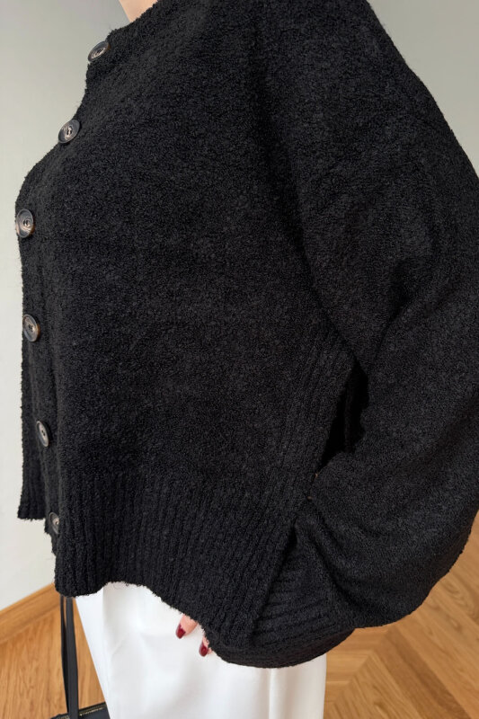 TRK-2085 Siyah Buklet Örme Büyük Düğmeli Hırka - 3