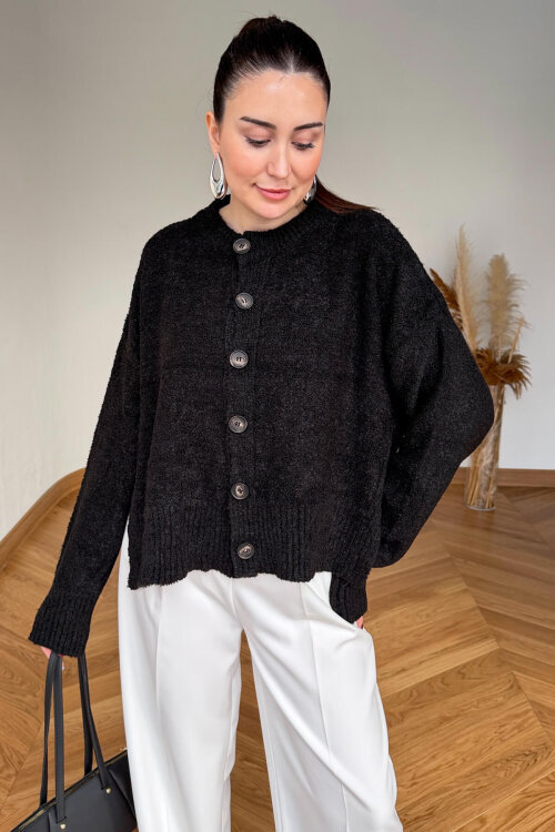 TRK-2085 Siyah Buklet Örme Büyük Düğmeli Hırka - 4