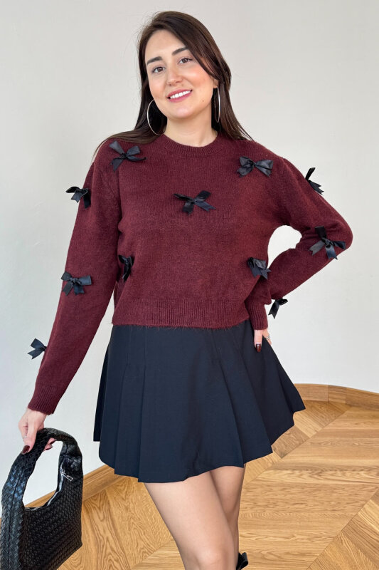 TRK-24305 Bordo Kurdele Detaylı Soft Triko Kazak - 4