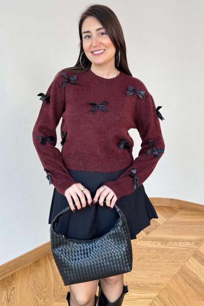 TRK-24305 Bordo Kurdele Detaylı Soft Triko Kazak - 1