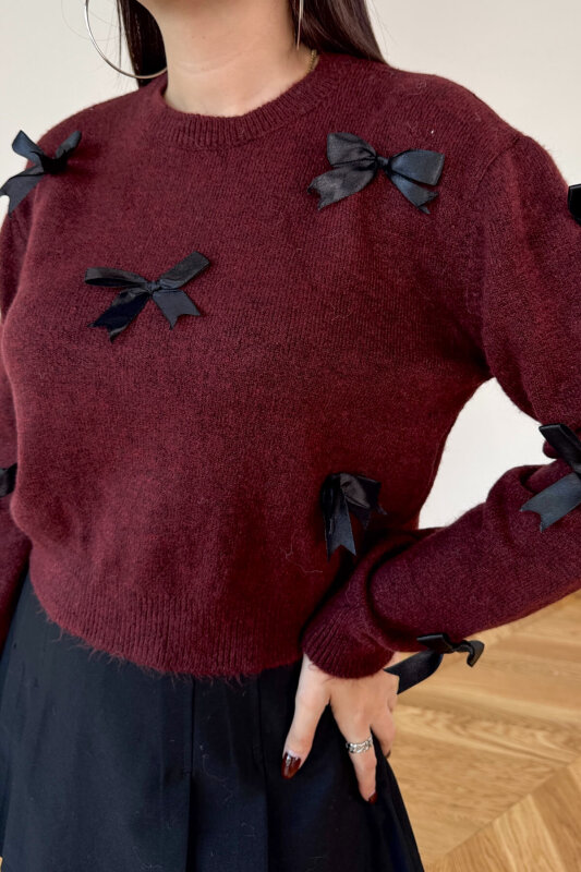 TRK-24305 Bordo Kurdele Detaylı Soft Triko Kazak - 2