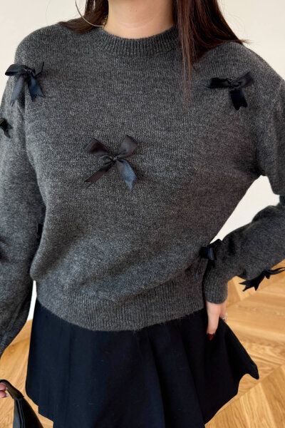 TRK-24305 Füme Kurdele Detaylı Soft Triko Kazak - 2