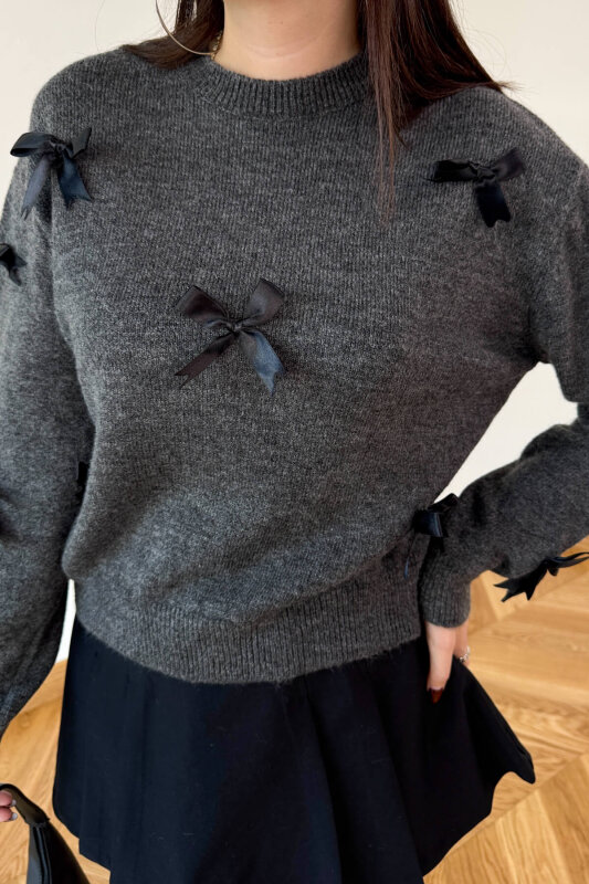 TRK-24305 Füme Kurdele Detaylı Soft Triko Kazak - 2