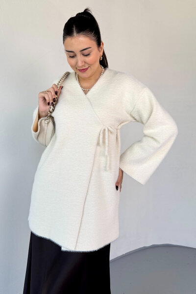 TRK-25031 Ekru Sakallı Dokulu Bağlamalı Premium Salaş Hırka - 3