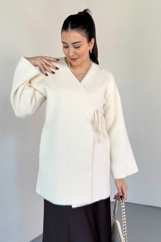 TRK-25031 Ekru Sakallı Dokulu Bağlamalı Premium Salaş Hırka - 1