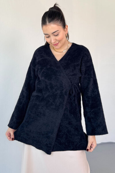 TRK-25031 Siyah Sakallı Dokulu Bağlamalı Premium Salaş Hırka