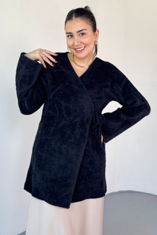 TRK-25031 Siyah Sakallı Dokulu Bağlamalı Premium Salaş Hırka - 2