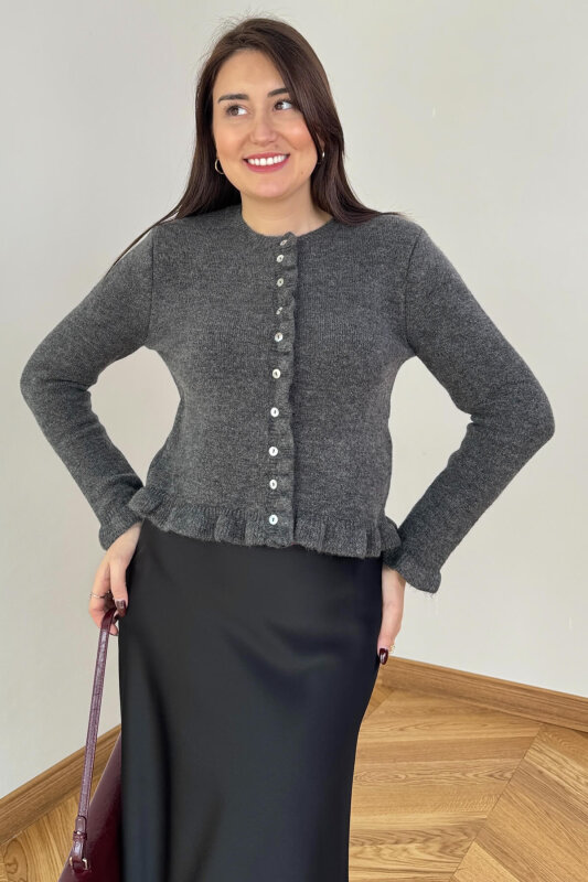 TRK-258383 Füme Fırfırlı Sedef Düğmeli Triko Hırka - 2