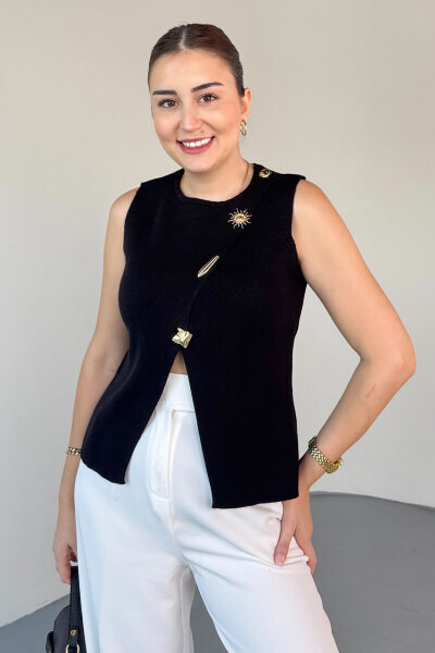 TRK-2613 Siyah Asimetrik Gold Düğme Detaylı Triko Yelek - 1