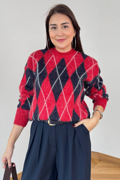 TRK-2777 Kırmızı Baklava Desen Oversize Triko Kazak - 3