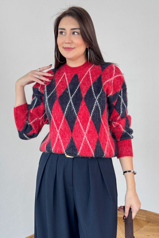 TRK-2777 Kırmızı Baklava Desen Oversize Triko Kazak - 1