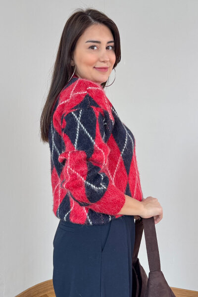 TRK-2777 Kırmızı Baklava Desen Oversize Triko Kazak - 4