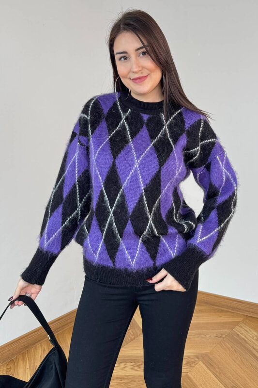 TRK-2777 Mor Baklava Desen Oversize Triko Kazak - 4