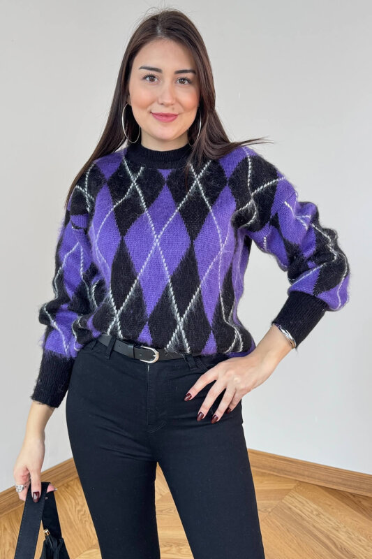 TRK-2777 Mor Baklava Desen Oversize Triko Kazak - 5