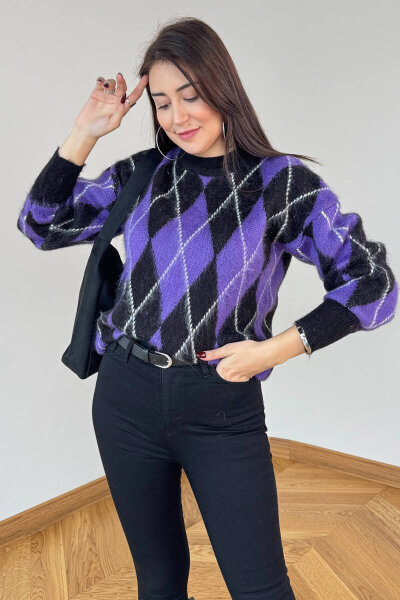 TRK-2777 Mor Baklava Desen Oversize Triko Kazak - 1