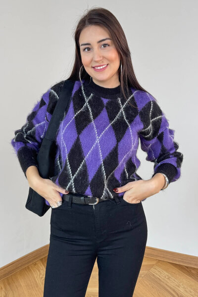 TRK-2777 Mor Baklava Desen Oversize Triko Kazak - 2