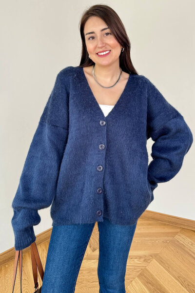 TRK-2779 İndigo Oversize Sakallı V Yaka Düğmeli Hırka - 1