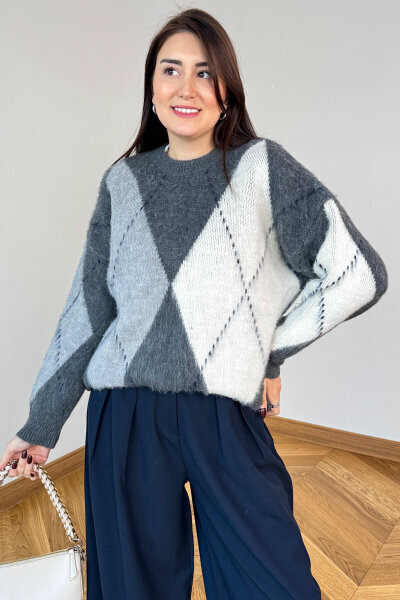 TRK-3544 Füme Renk Bloklu Sakallı Oversize Triko Kazak - 1