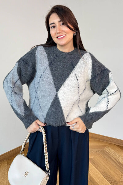 TRK-3544 Füme Renk Bloklu Sakallı Oversize Triko Kazak - 2