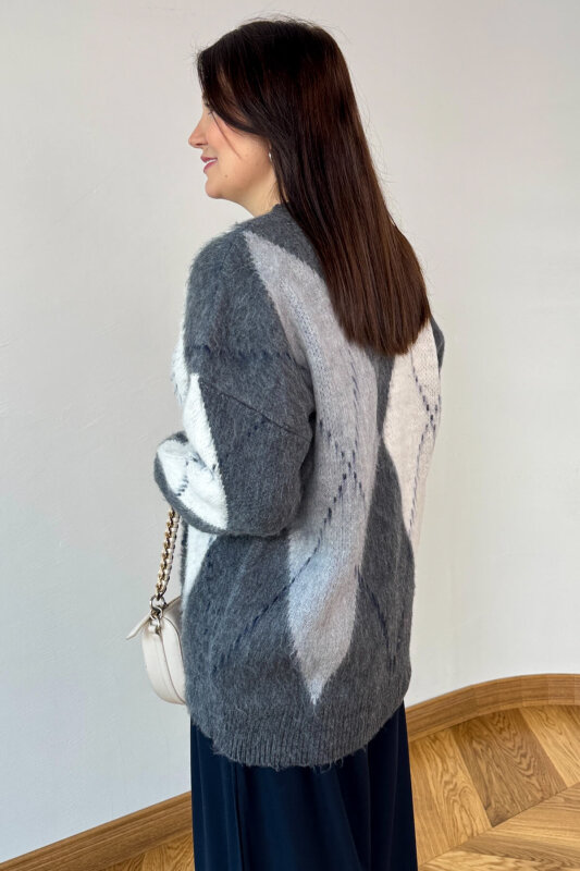 TRK-3544 Füme Renk Bloklu Sakallı Oversize Triko Kazak - 4