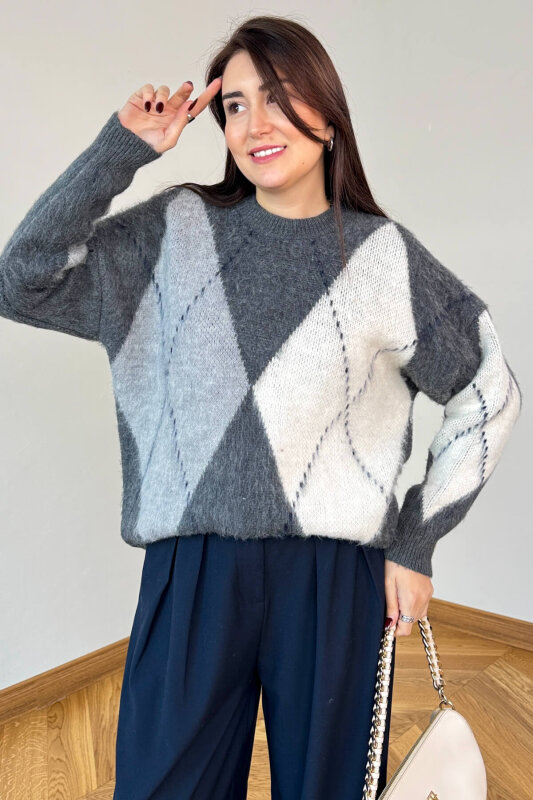 TRK-3544 Füme Renk Bloklu Sakallı Oversize Triko Kazak - 3