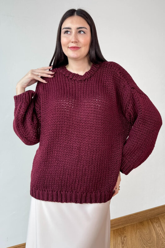 TRK-3817 Bordo Kalın El Örgü Kumaş Bisiklet Yaka Oversize Kazak - 1
