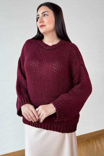 TRK-3817 Bordo Kalın El Örgü Kumaş Bisiklet Yaka Oversize Kazak - 2