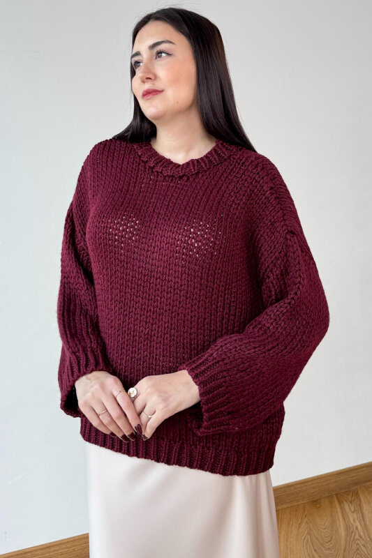 TRK-3817 Bordo Kalın El Örgü Kumaş Bisiklet Yaka Oversize Kazak - 2