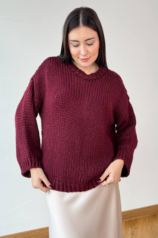 TRK-3817 Bordo Kalın El Örgü Kumaş Bisiklet Yaka Oversize Kazak - 3