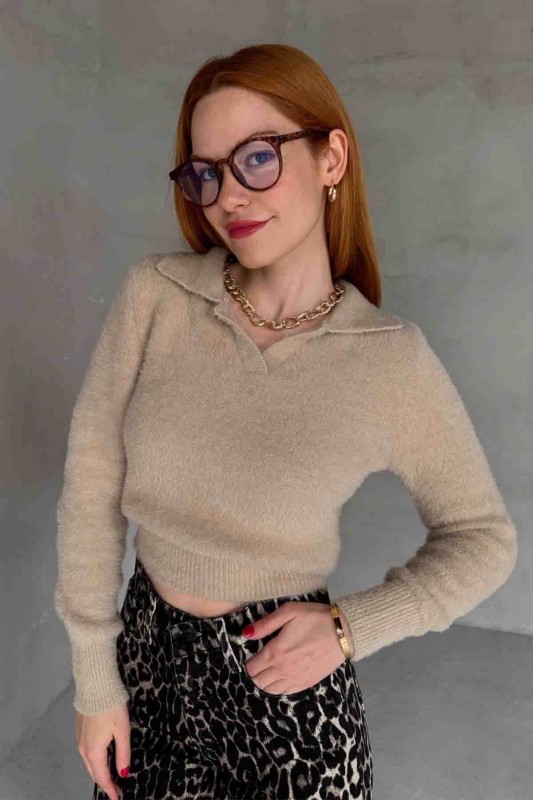 TRK-4133 Taş Rengi Polo Yaka Örme Salaş Triko Bluz - 1