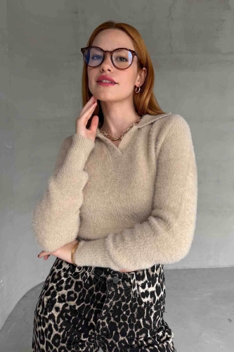 TRK-4133 Taş Rengi Polo Yaka Örme Salaş Triko Bluz - 2