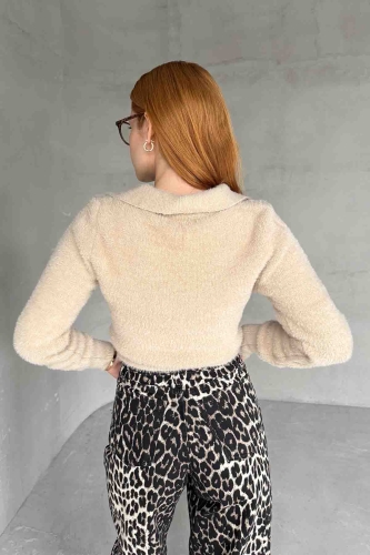 TRK-4133 Taş Rengi Polo Yaka Örme Salaş Triko Bluz - 3