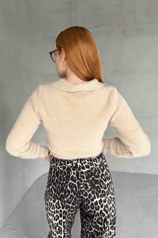 TRK-4133 Taş Rengi Polo Yaka Örme Salaş Triko Bluz - 3