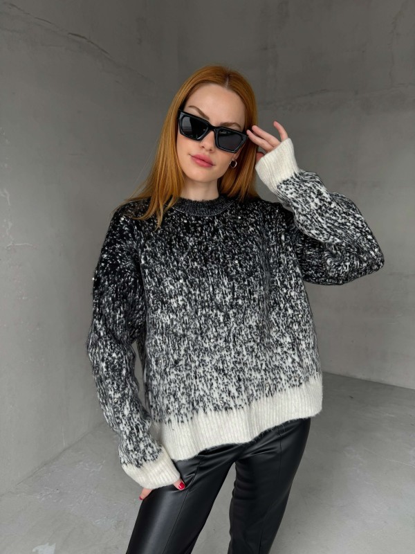 TRK-4234 Siyah Beyaz Bisiklet Yaka Uzun Kol Taş Detaylı Triko Bluz - 1