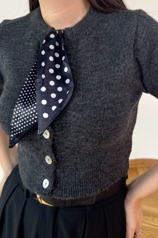 TRK-4540 Füme Fular Detaylı Sedef Düğmeli Kısa Kollu Hırka - 2