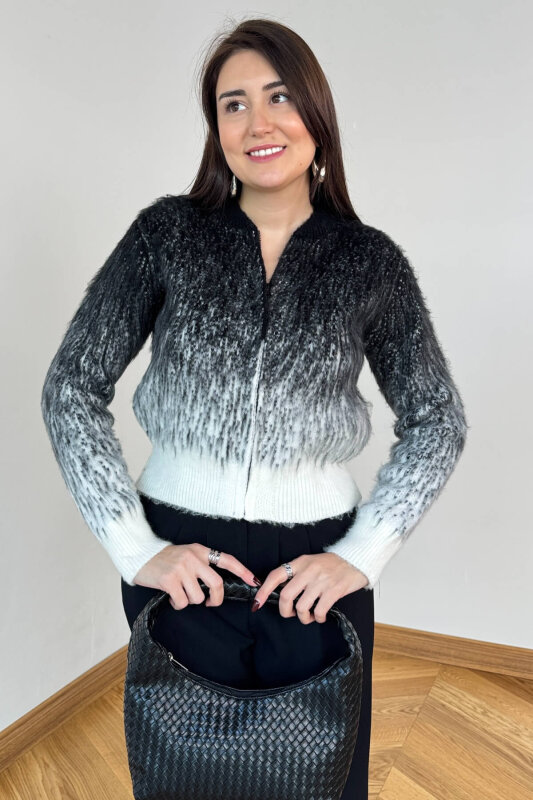 TRK-4555 Füme Kar Yıkama Fermuarlı Sakallı Hakim Yaka Hırka - 1