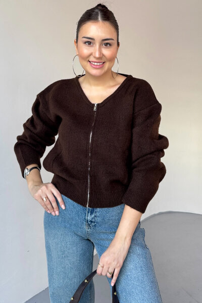 TRK-5314 Kahverengi Şardonlu Fermuarlı Triko Hırka - 4
